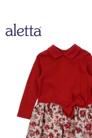 画像1: ALETTA(アレッタ) 切替長袖ワンピース（花柄×レッド） 2歳92cm