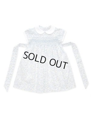 画像1: 【新入荷!!】ブルー・ピンク・イエローの小花の半袖スモッキングワンピース 7歳135cm